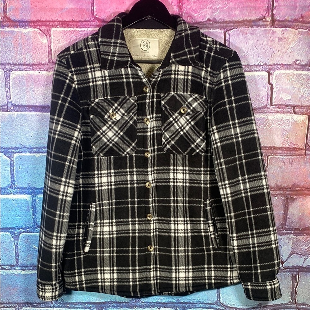 SAGE Collective Sherpa Lined Flannel Jacket Women’s M Black White Plaid Coat